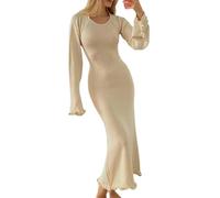 FULUJIDI Vestito Abito Dress Donna per Donna Vestito Aderente Lavorato A Maglia Manica Lunga Cravatta Schiena Scoperta Girocollo Tinta Unica Abito Lungo Beachwear L Beige