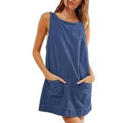 FULUJIDI Vestito Abito Dress Donna Vestito da Donna Tasche Laterali Schiena Scoperta Senza Maniche Girocollo Mini Abito Sciolto Tinta Unita sopra Il Ginocchio Casual Vestito Femminile L Blu