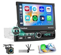 Fuluku 1 Din Autoradio con Wireless Carplay Android Auto, 7 Pollici Schermo Motorizzato a Scomparsa Radio con Bluetooth/Doppia Porta USB/FM/RDS/EQ/Mirror Link/Telecamera di Retromarcia/MIC
