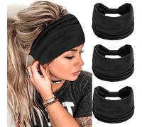 FULZTEY Fasce elastiche per capelli nere da donna, larghe fasce per capelli annodate, in tinta unita, turbante antiscivolo, per yoga, allenamento, grandi bandane in cotone, accessori per capelli