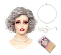 Fumwase Set di parrucche grigie da donna anziana, accessori perfetti per feste di Halloween, parrucca per cosplay, 100 giorni di scuola, parrucche per donne e adulti (grigio)