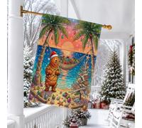 Fun Beach - Bandiera natalizia a forma di orso, 71 x 101 cm, double-face, decorativa per esterni, con palme di Natale costiera, bandiera per la casa, per vacanze all'aperto, piccola bandiera per prato