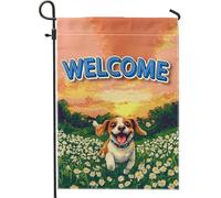 Fun Beagle Dog Garden Flags 30,5 x 45,7 cm double face per esterno decorativo, primavera pixel art Daisy Scene Chien FrontYard Canvas House Flag, cucciolo all'aperto piccola bandiera prato cortile