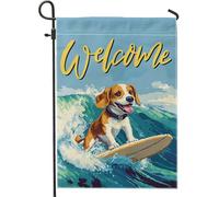 Fun Beagle Dog Garden Flags 30,5 x 45,7 cm double face per esterno decorativo, Summer Pixel Art Surf Chien FrontYard Canvas House Flag, Cucciolo Outdoor Piccola Bandiera Prato Cortile