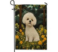 Fun Bichon Frise Dog Garden Flags 30,5 x 45,7 cm double face per esterni, scena della foresta primaverile Chien, bandiere verticali standard in tela per la casa, per cuccioli, cortile, cortile, prato