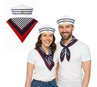 FUN FABLES Set costume da capitano marinaio per adulti, cappello da marinaio a righe blu e bianche con sciarpa rossa sul collo, accessori per travestimento nautico per uomini e donne, taglia unica