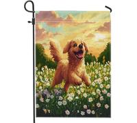 Fun Golden Retriever Dog Garden Flags 30,5 x 45,7 cm double face per esterno decorativo, Spring Pixel Art Daisy Chien FrontYard Canvas House Flag, Puppy Outdoor Small Backyard Lawn Flag