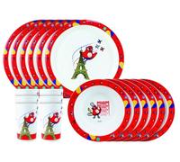 FUN HOUSE Jeux Olympiques Paris 2024 - Set pasto JO 6 piatti da 22 cm, 6 ciotole da 16 cm e 6 bicchieri da 220 ml, riutilizzabili, bianco/rosso