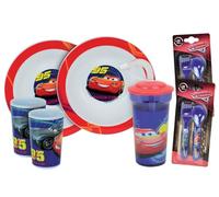 FUN HOUSE Set completo di stoviglie Disney Cars per bambini, 2 piatti fondi + 2 bicchieri + 2 set posate + 1 bicchiere cannuccia, licenza ufficiale riutilizzabile | marca francese | idea regalo