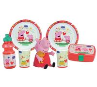 FUN HOUSE Set completo di stoviglie Peppa Pig per bambini, 2 piatti + 2 bicchieri + borraccia + scatola per gustare + peluche 17 cm, licenza ufficiale | riutilizzabile | marca francese | idea regalo