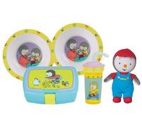 FUN HOUSE Set completo di stoviglie T'Choupi per bambini + peluche 17 cm | 2 piatti + 2 bicchieri + borraccia cannuccia + scatola per gustare | licenza ufficiale | riutilizzabile | idea regalo