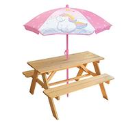 Fun House Tavolo da picnic per bambini 3 anni+ legno di pino con ombrellone, tavolo da 53 x 95 x 75 cm, ombrellone Ø100 x 125 cm, mobili da giardino, terrazza esterna, panchine integrate, idea regalo