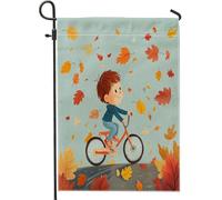 Fun Kid Fall Bicycle Garden Flags 30,5 x 45,7 cm double face per decorazione esterna, autunno cartone animato foglia d'acero Bick FrontYard bandiera tela, Ringraziamento all'aperto piccola cortile
