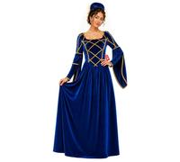Fun Shack Costume Dama Donna, Costume Halloween Donna | Abito Reale & Copricapo con Velo, Blu con Pizzo Dorato, Da Infilare, Perfetto per Halloween, Ideale per Travestirsi