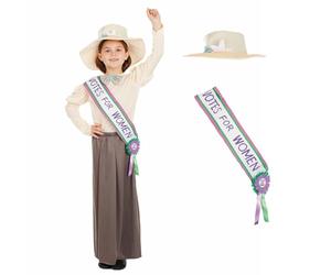 Fun Shack - Costume vittoriano da suffragette per bambini, con fascia per voti da donna, costume storico per ragazze, taglia M