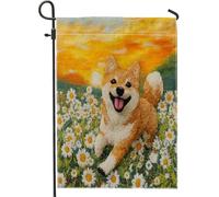 Fun Shiba Inu - Bandiere da giardino per cani, 30,5 x 45,7 cm, double face, per esterni, con margherite primaverili, bandiere verticali standard in tela per casa, cuccioli, cortile, cortile, prato