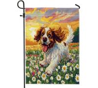Fun Springer Spaniel Dog Garden Bandiere 30,5 x 45,7 cm per esterni, Spring Pixel Art Daisy Chien bandiere verticali standard in lino per casa, cuccioli, cortile, cortile, prato, decorazione esterna