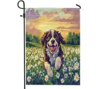 Fun Springer Spaniel Dog Garden Flags 30,5 x 45,7 cm Double Face per esterni Decorative, Spring Pixel Art Daisy Chien FrontYard Canvas House Flag, Puppy Outdoor Piccolo cortile prato bandiera