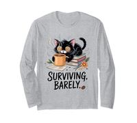 Fun Surviving Barely Cute Sleepy Black Cat Amante dei libri del caffè Maglia a Manica
