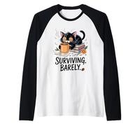 Fun Surviving Barely Cute Sleepy Black Cat Amante dei libri del caffè Maglia con Maniche Raglan