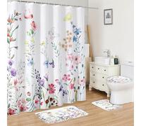 FUN WEEKEND Set di 4 tende da doccia con tappeti antiscivolo, copertura per coperchio WC e tappetino da bagno, 182,9 x 182,9 cm, tende da doccia in tessuto floreale, resistenti e impermeabili, set da