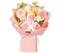 Funabridge Bouquet di fiori fatto a mano all'uncinetto con 6 rose, foglie verdi e nastro di raso, composizione floreale in filato per compleanni o occasioni speciali