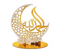 Funabridge Centrotavola Ramadan Eid Mubarak, decorazione da tavolo, scultura in plastica dorata con fiori artificiali, bordo con perline a catena, design etnico, 85 g, decorazione araba per la casa