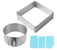 Funabridge Set di 2 anelli regolabili per torte in acciaio inox da 15,5 a 30,5 cm, con 3 raschietti, rotondi e quadrati con scala per pasticceria,
