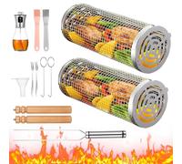 Funabridge Set di 2 cestini per barbecue rotanti per grigliare all'aperto, in acciaio inox, rotondi, accessori per barbecue e falò