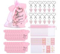 Funabridge Set di 50 bomboniere con portachiavi a forma di angelo, biglietti di ringraziamento, adesivi e sacchetti in organza per compleanni, docce e regali di ritorno