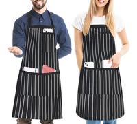 FunChaos 2 Pezzi Grembiuli da Cuoco a Righe per Uomo e Donna, Grembiule Cucina Regolabile con 3 Tasche, Grembiule da Chef Adatto per Giardinaggio Cottura Barbecue Ristorante BBQ, Nero