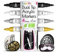 Funcils 4 pennarelli acrilici a doppia punta, punta fine e media, permanenti e impermeabili, per pittura su roccia, tela, legno, ceramica, vetro, tessuto, metallo, bianco, nero, oro e argento