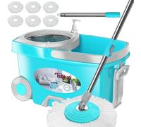 FunClean - Set di mocio rotante e secchio, mocio e secchio con strizzatore, per la casa, strumento per la pulizia dei pavimenti rotante a 360 gradi, 6 testine di ricambio in microfibra, manico esteso