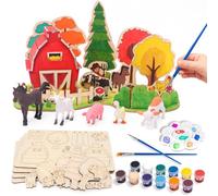 FUNCREVITY Set fai da te in legno, motivo: animali in legno, per dipingere, set fai da te, per bambini, 3 anni, con mini statuette in plastica, per la fattoria, giocattoli, regali per bambini, ragazzi