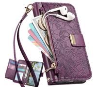 Funda tipo cartera para Samsung Galaxy S24 Ultra, Case de flores con ranuras para tarjetas y soporte, Bolso de mano con bolsillo y cremallera para Samsung Galaxy S24 Ultra-Morado