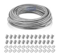 Fune metallica da 2 mm, 50 m, in acciaio inox 304, guaina con 24 pezzi e 24 pezzi di manicotti di crimpatura, corda in acciaio inox per tralicci, fune di biancheria, per appendere