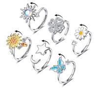 FUNEIA Fidget Anxiety Rings - Anelli per ansia da donna, regolabili, per ansia You Are My Sunshine Spinner Ring Farfalla Girasole Luna Stella Antistress Set di anelli impilabili, Metallo, rame.