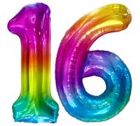 FUNFEST Palloncini Color Arcobaleno per il 16° Compleanno da 100 cm - Decorazione Palloncino Compleanno - Include Palloncino XL per il 16° Compleanno e Cannuccia - Vola con Elio