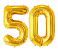 FUNFEST Palloncini Color Oro per 50° Compleanno da 100 cm - Decorazione Palloncino Compleanno - Include Palloncino XL 50° Compleanno e Cannuccia - Mosche con Elio