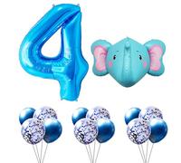 FUNFEST Palloncini Compleanno 4 anni Colore Blu da 100 cm - Kit decorazione elefante da 60 cm + 12 palloncini in lattice blu e pailette blu, decorazione palloncino compleanno - volo con elio