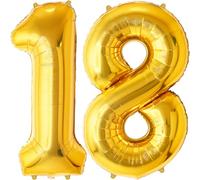 FUNFEST Palloncini dorati per il 18° compleanno da 100 cm - Decorazione per palloncini di compleanno - Include palloncino XL per il 18° compleanno e cannuccia - Vola con elio