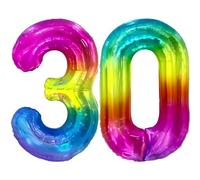 FUNFEST Palloncini per 30° Compleanno Colore Arcobaleno 100 cm - Decorazione Palloncino Compleanno - Include Palloncino XL per 30° Compleanno e Cannuccia - Vola con Elio