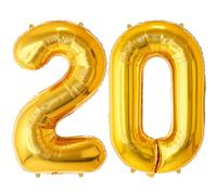 FUNFEST Palloncini per il 20° Compleanno Color Oro da 100 cm - Decorazione Palloncino Compleanno - Include Palloncino XL per il 20° Compleanno e Cannuccia - Mosche con Elio