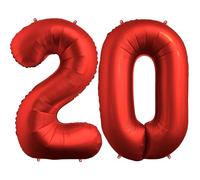 FUNFEST Palloncini per il 20° Compleanno Rosso Cromato da 100 cm - Decorazione per Palloncini di Compleanno - Include Palloncino XL per il 20° Compleanno e Cannuccia - Mosche con Elio