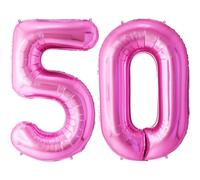 FUNFEST Palloncini rosa per il 50° compleanno da 100 cm - Decorazione per palloncini di compleanno - Include palloncino XL per il 50° compleanno e cannuccia - Mosche con elio