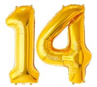 FUNFEST Palloncino per compleanno, 14 o 41 anni, in oro da 100 cm, decorazione per compleanno, incluso palloncino XL e cannuccia, volo con elio di alta qualità