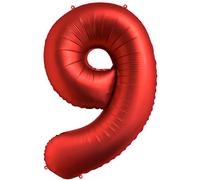 FUNFEST Palloncino XL Rosso Cromato da 100 cm per il 9° Compleanno - Decorazione Con Cannuccia - Vola Con Elio