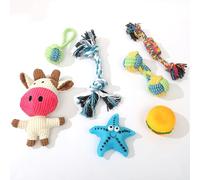 Funfy 7 pz giochi da masticare cuccioli dentizione | Giochi cane con corde, palle con corda, stella marina, burger e giochi sonori per cani piccoli e medi.