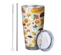 Fungo con coperchio e bicchiere di paglia Modello Foglie Frutta Pianta botanica Acquerello Grafico Cartone animato giallo rosso Verniciato a polvere Caldo e Freddo Nessuna fuoriuscita Ufficio