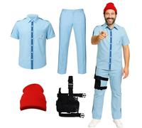 Funhoo Costume da Aquatic Steve Zissou Uomo Uniforme Acquatica Camicia a Maniche Corte Blu Pantaloni con Cappello Rosso Borsa per Gambe Cosplay di Halloween Gioco di Ruolo Abito (Blu, S)